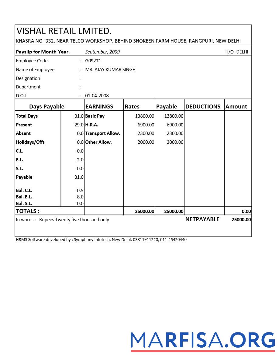 Printable Vishal Retail LTD payslip real example